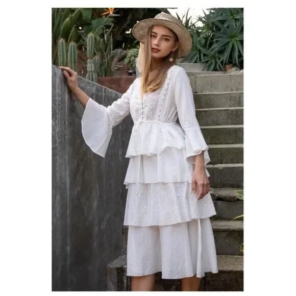 WHITE Woven Dress w/ ruffle layer & flare sleeves - Picture 3 of 9